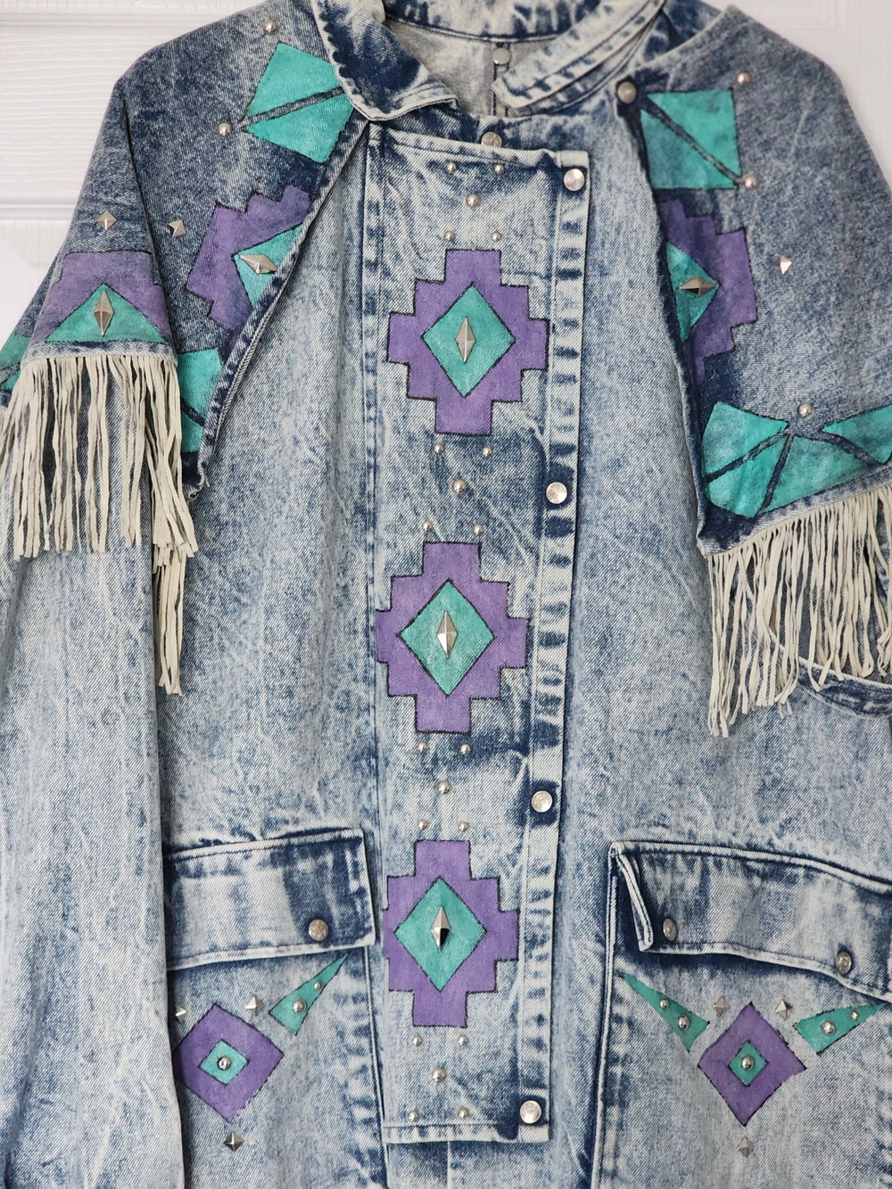 Vintage TRAIL DUSTER Denim Leather Fringe with Teal  Purple Accents 25" PTP - Picture 11 of 16